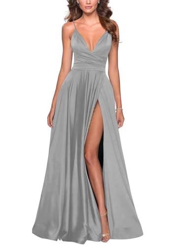Image of Tvuyet Satin Bridesmaid Dresses with Slit Pleated A Line Spaghetti Straps Formal Prom Evening Gowns