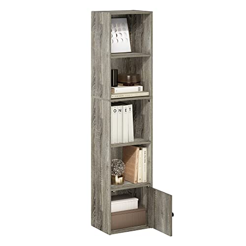 Furinno LUDER Book Shelf, 5-Tier Modern Bookshelf, Bookcase with 1 Door Storage Cabinet, 9.3 x 12 x 52, for Organization and Storage, for Living Room, Bedroom, Home Office, French Oak