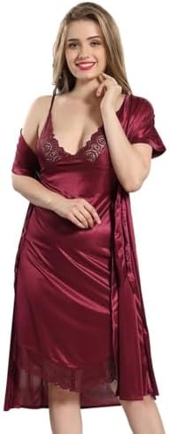 AV2 Women Satin Short Nighty with Lace & Robe 1306