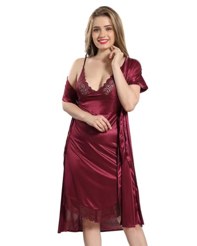 AV2 Women Satin Short Nighty with Lace & Robe 1306