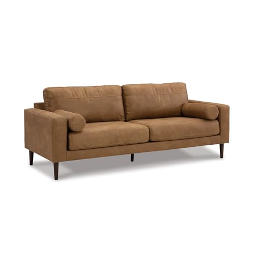Image of Signature Design by Ashley Telora Faux Leather 3 Seater Sofa Couch, Caramel | Medium plush fiber-wrapped foam seating, Track arms, Loose back cushions, Mid-century modern style