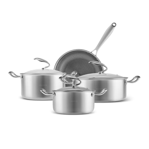 Karaca 5Ply PowerSteel 316+ Stainless Steel Cookware Set 7-Piece, Non Stick Pots and Pans Set with Lids, Kitchen Cooking Set for Daily Cooking, Elegant Silver Finish Induction Hob Pan Set