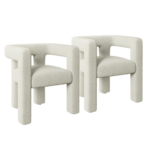 Image of BELLEZE Modern Boucle Barrel Dining Chair Set of 2, Upholstered Linen Kitchen Boucle Armchair with Sidearms and Back, for Dining Room Living Room- Cream