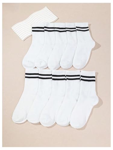 Image of OYOANGLE Women's 9 Pairs Casual Striped Graphic Crew Socks Cute Above Ankle Socks White 40-43
