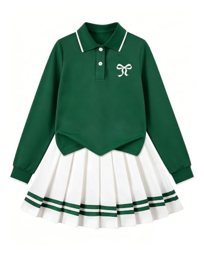 Image of Betusline Girls Long Sleeve Polo Skirt Set Kids Preppy Uniform Outfit,4-14Y