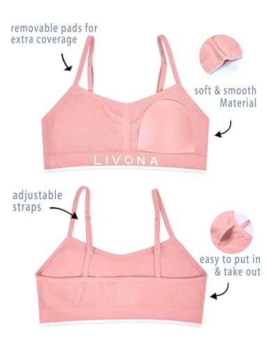 Livona 3 Pack Training Bras for Girls-Sports Bra for Teen Ribbed Wireless Bralette Fitness Padded Crop Cami Tank Top(6-14)4
