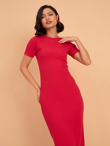 Image of barcino Red Rib Bodycon Back Slit Maxi Dress