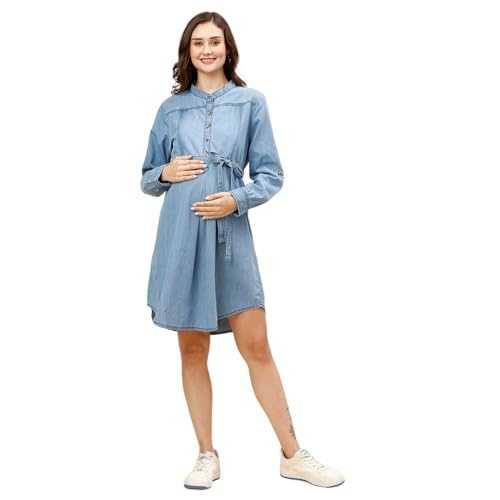 white christmas dresses Blue Denim Sash Waist Maternity Maxi Dress – PinkBlush main image 1