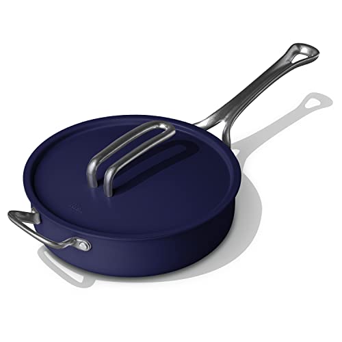 Risa Nonstick Saute & Frying Pan with Lid by Eva Longoria - 4.5 Qt Deep, Sturdy Ceramic Coating, Stainless Steel Handle - Pot Holders for Gas, Electric, & Induction Stove Pans for Cooking - Deep Blue