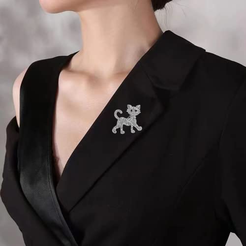 Cat Brooch Pin Crystal Rhinestone Cute Animal Personality Brooch Lapel Fashion Novelty Pin Men Ladies Girls Jewelry Gifts (Silver) #TOP6