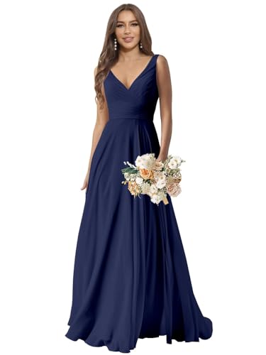 Image of Sukleet Navy Blue Bridesmaid Dresses for Wedding A-line Chiffon Formal Gowns V Neck Evening Party Gowns Size 6