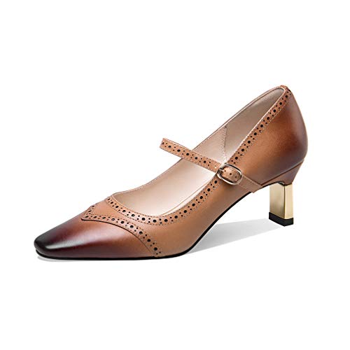 TinaCus Genuine Leather Women's Handmade Little Square Toe Mental Mid Stiletto Heel Buckle Gradient Color Mary Jane Pump Shoes