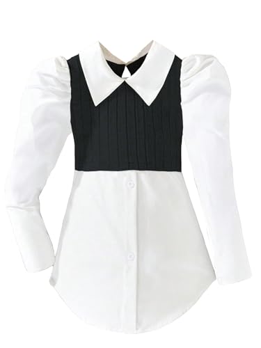 Floerns Girl's Colorblock Puff Long Sleeve Lapel Collar 2 in 1 Shirt Blouse
