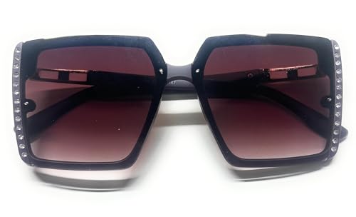 Image of Oversized Square Sunglasses with Crystal Embellishments, Black Frame, Gradient Brown Lens