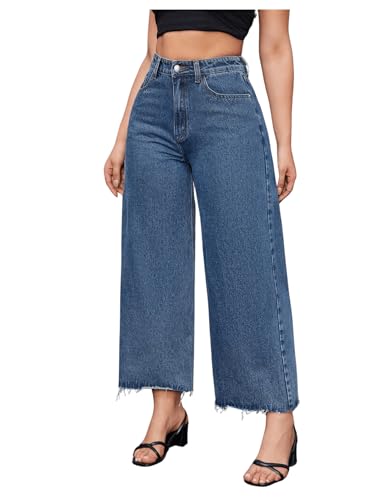 Floerns Women's High Waist Raw Hem Denim Pants Wide Leg Jeans with Pockets