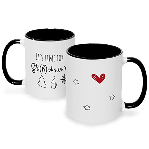 Tazza stampata con motivo natalizio – Its time for Glühckwein – Tazza per vin brulé come regalo per fidanzata – Bellissimi regali di Natale per lui e per lei – Colore nero e bianco