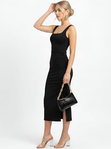 Image of Women's Sleeveless Midi Dress, Square Neck, Ruched Side, Bodycon Style with Slit