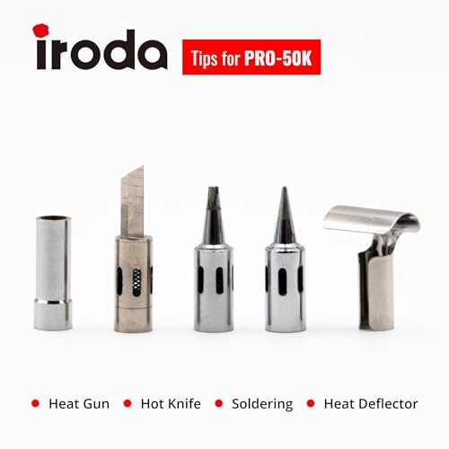 Image of Iroda Solderpro 50K Spare Soldering Tips Set For Butane Soldering Iron Includes Conical Tip, Chisel Tip, Hot Knife one, Heat Blower, Deflector