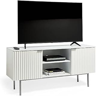 VonHaus White TV Unit - Modern Ridged TV Cabinet For TV's up to 60" - Large Entertainment Unit w/ 2 Cupboards, Open Shelving & Silver Legs - Max 50kg Weight Capacity - For Living Room & Lounge - Roma