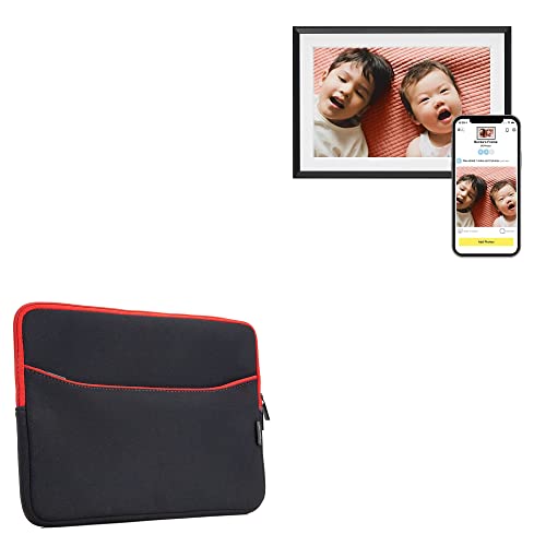 BoxWave Case Compatible with Aura WiFi Digital Picture Frame AF900-MBLK (10.1 in) - SoftSuit with Pocket, Soft Pouch Neoprene Cover Sleeve Zipper Pocket - Jet Black with Red Trim