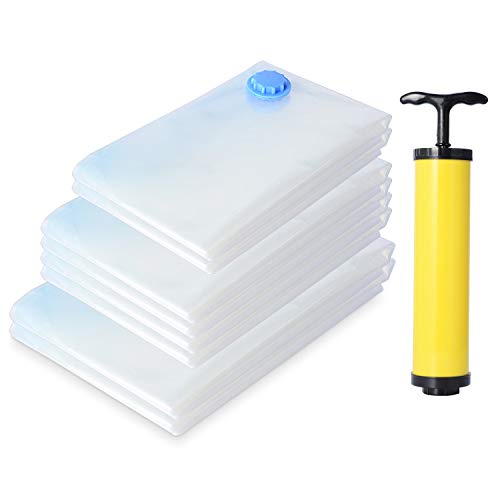 BOENFU Lot de 8 Sacs de Rangement sous Vide (2 Grands + 4 Moyens + 2 Petits), économiseur D'espace Réutilisable pour Vêtements,Literie, Couverture, Pompe à Main Incluse, économisez 80% Plus D'espace