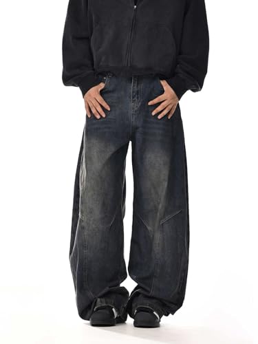 Oversized Wide-Leg Denim Jeans, Black Vintage Wash, Asymmetric Hemline, Deconstructed Style, Unisex2