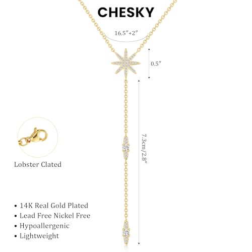 Image of CHESKY Long Necklaces for Women, 14k Gold Plated /Streling Silver Lariat Necklace Dainty Statement Prom Necklace Rosary Cross Sun Drop Pendant Dangle Necklace Gold Prom Jewelry for Women Gifts