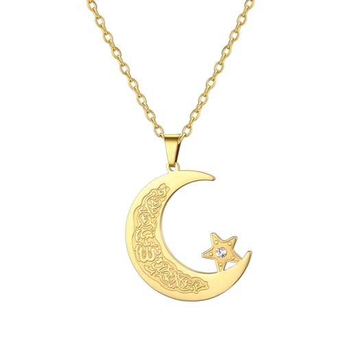 EUEAVAN Collier islamique Ayatul Kursi Pendentif musulman croissant de lune et étoile Calligraphie arabe Allah Amulette Bijoux religieux Cadeau pour l'Aïd et...