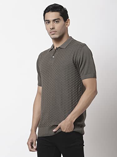 Image of Style Quotient Men Olive Self Design Tshirts