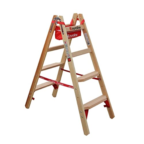 Euroline Holz Comfort-Stufenstehleiter mit Eimerhaken und Werkzeugablagetasche Nr. 10577-2x4