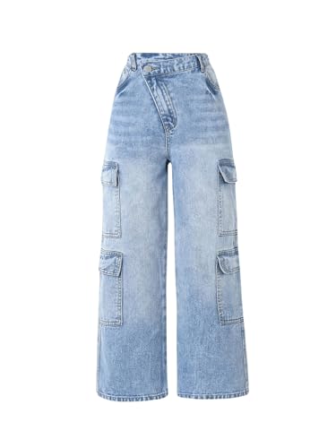 Floerns Girl's High Waisted Straight Leg Cargo Jeans Stretch Baggy Denim Pants