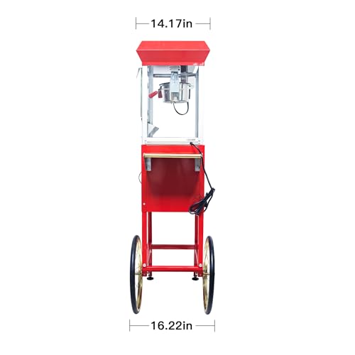 Image of Montary 8 Oz Commercial Popcorn Machine with Cart,650W Vintage Style Popcorn maker Equipped with Popcorn Scoops，Heated Deck & Storage for Home Movie House and Carnival,Red