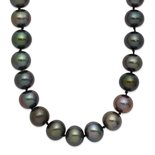 Stainless Steel Polished 9-10mm Hand Knotted Black Round Freshwater Cultured Pearl Chain Necklace 24