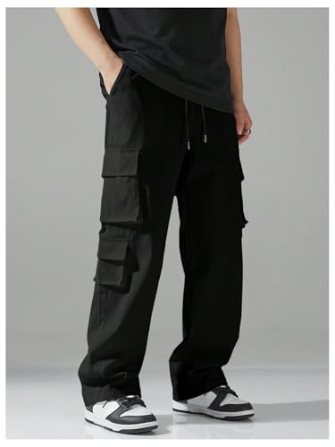 Verdusa Men's Drawstring Waist Straight Leg Cargo Pants Street Trousers3