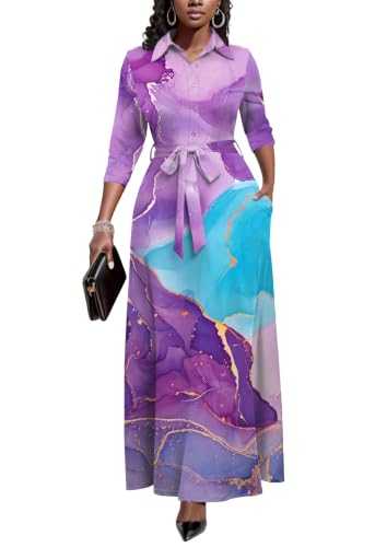 Image of Rumwind Maxi Dresses for Women, 3 /4 Sleeve Shirt Collar Casual Afircan Print Church Dress Button Down with Belt and Pockets