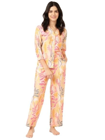 Image of STORIES OF BANNO'S SWAGGER Premium Poly Muslin Floral Co-Ord Set for Women | Soft Pajama Set | Elegant Printed Nightwear Lounge Outfit | Trendy Casual Wear Co-Ord Set