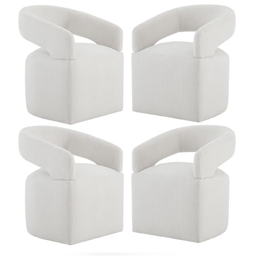 Image of KISLOT Upholstered Dining Chairs Set of 4, Modern Rolling Dining Chairs with Hidden Casters, Arm Kitchen Chairs with Linen Look Fabric, Padded Barrel Chairs for Dining Room, Kitchen, Light Linen