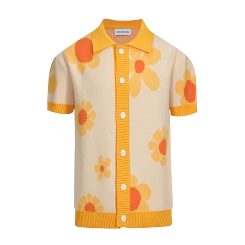 OXKNIT Men's Short-Sleeved Knit Polo with Flowers Casual Button Down Cardigan