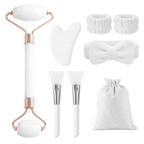 Flintronic Gua Sha Stein und Gesichtsroller, 8 Stück Gesichtsmassage Stein Set, Guasha Set Beauty Massager, Geschenk für Frauen, Jade Roller Gesicht für Augenschwellungen Routine Skincare