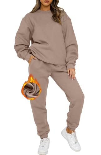 Joligiao Survêtement Ensemble Femme Ensemble Jogging Doublée de Fourrure Deux Pièces Survêtement Sport Femme Manches Longues Sweat à Capuche et Pantalon Jogging Chaud Sportwear(Kaki,XL)