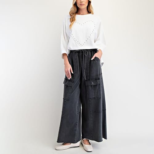 Cargo Jeans for Women Summer Elastic High Waisted Palazzo Jeans Outdoor Travel Flowy Denim Pants with Pockets4