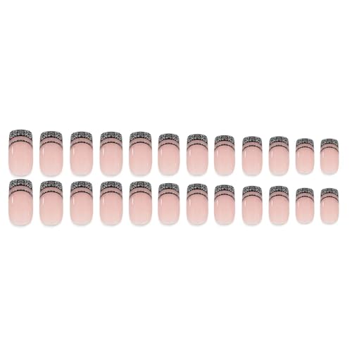 Image of Black French Tip Press on Nails Medium Square Fake Nails with Design Black Line False Nail Glitter Glue on Nail Glossy Full Cover Artificial Acrylic Bling Stick on Nail for Women NBNTGH Manicure 24pcs