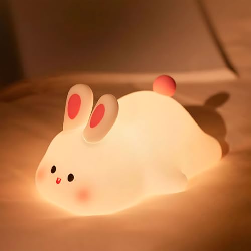 Rytinazzz Silicone Night Light for Kids 50H Long Battery Big Face Rabbit Lamp Gift for Kids Soft Dimmable Bedside Light Rechargeable Tap Control