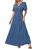 Amegoya Women's Summer Boho Maxi Dresses Casual V Neck Short Sleeve A-line Empire Waist Long Flowy Beach Dress (Blue M)