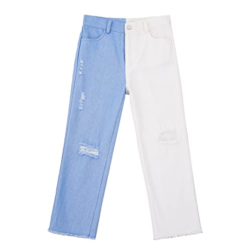 JanJean Kids Girls Ripped Denim Casual Wide Leg Pants Solid Color Washed Elastic Waist Loose Fit Distressed Jeans Trousers3