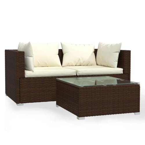 vidaXL Set de Muebles de Jardín y Cojines, Sofás Modulares, Mesa de Centro, Asientos para Patio Terraza, Ratán Sintético Marrón 3 pzas