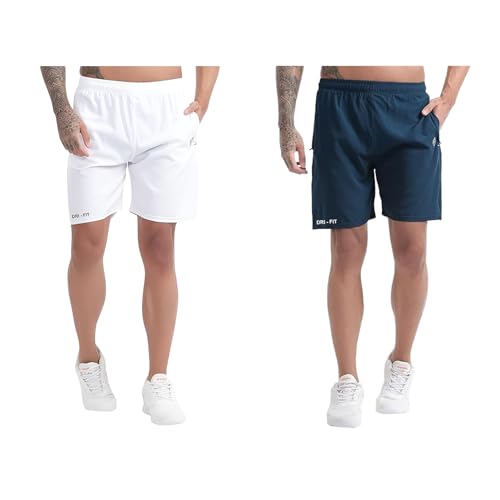 Image of BLUE STAR SHARK Athletic Sports Shorts for Men with Zip Pockets and Elastic Waistband Quick Dry Lightweight Activewear Combo - Pack of 2