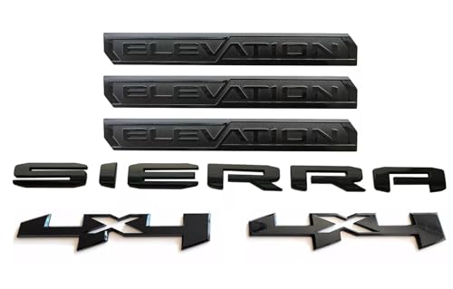 Image of 6Pcs Sierra Elevation 4x4 Emblem 3D Rear Tailgate Door Badge Nameplate Letter Sticker Decal Replacement for 2019-2022 Sierra 1500 2500HD 3500HD (Gloss Black)