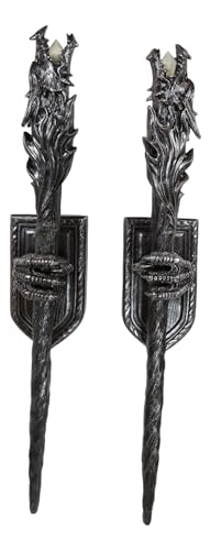 Ebros Set of 2 Left and Right Medieval Renaissance Dungeon Dragon Head Scepter Orb Torch Color Changing LED Light with Wall Mounted Dragon Claw Holder Wall Decor Hanging Sculptures Figurines