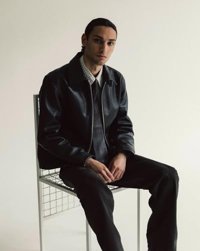 Image of EXOTIX Black Leather Jacket for Men | Collared Zip-Up Classic Style | Crop Fit Racing Sports Bomber Jacket | Premium Leather Regular Fit Jacket for Casual & Biker Wear